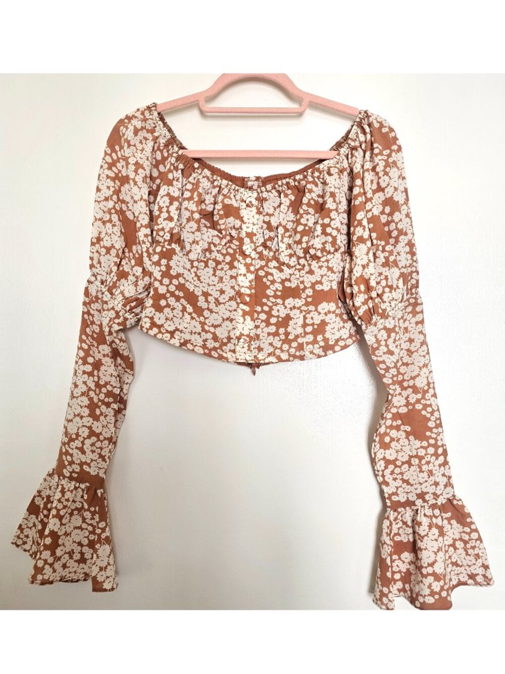 Sabo Floral Off Shoulder Puff Sleeve Crop Top S Terracotta